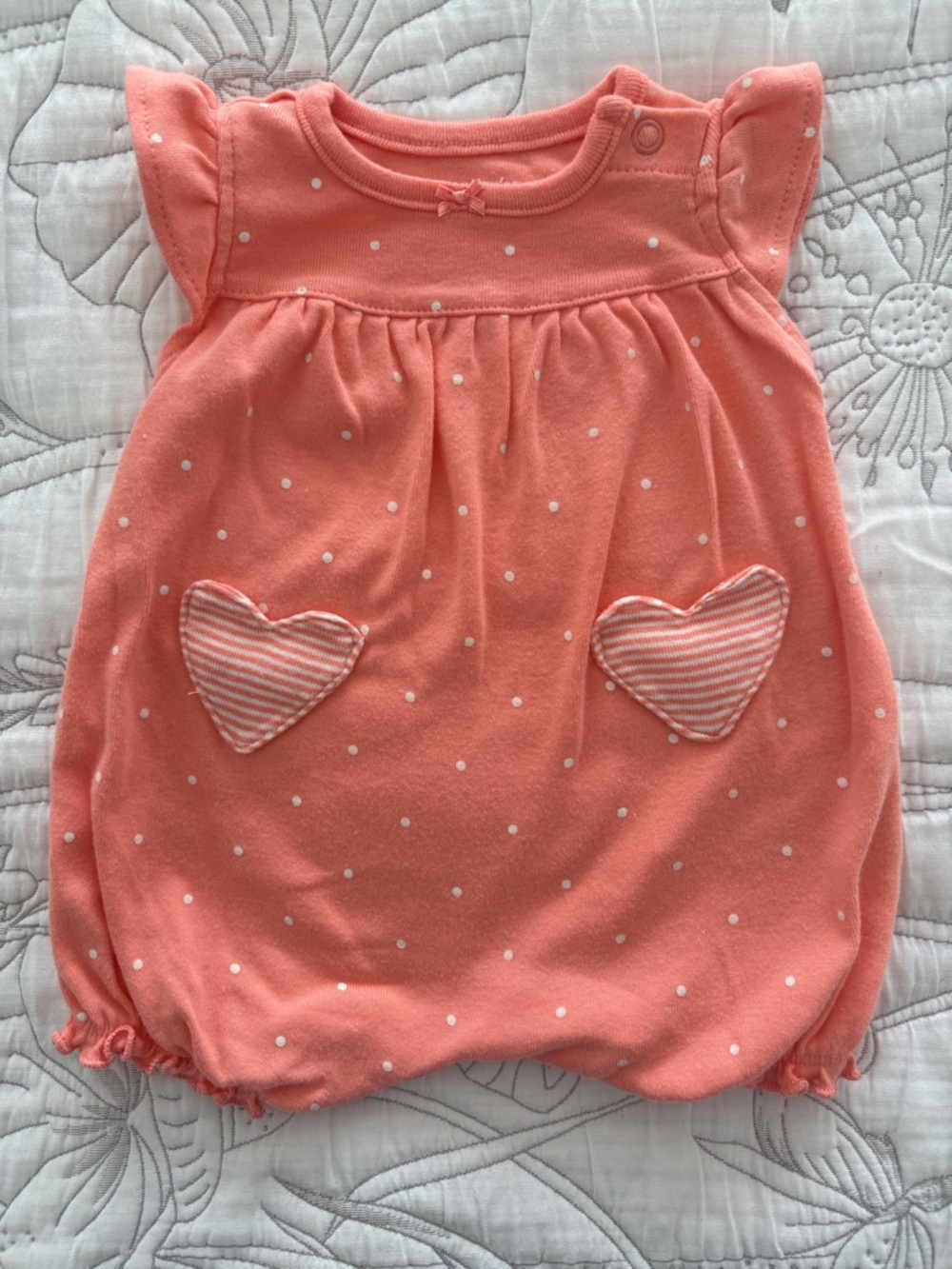 Carter's Coral Pink Polka Dot Baby Bubble Romper with Heart Patches